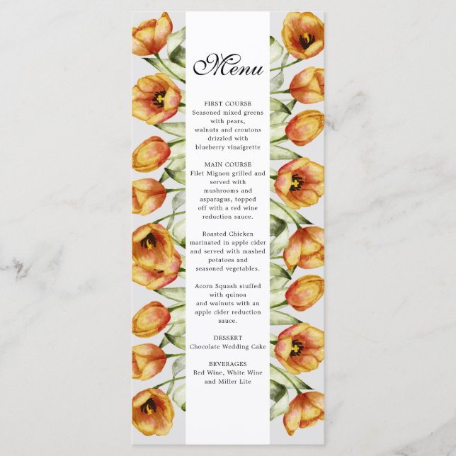 Menu mariage tulipe orange de ressort d'aquarelle (Devant)