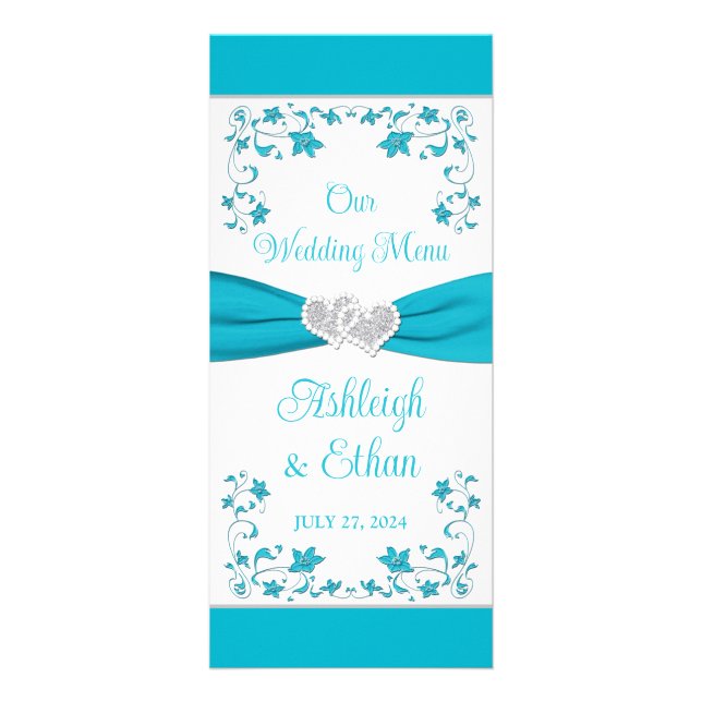 Menu Mariage Turquoise, Argent Love Hearts (Devant)