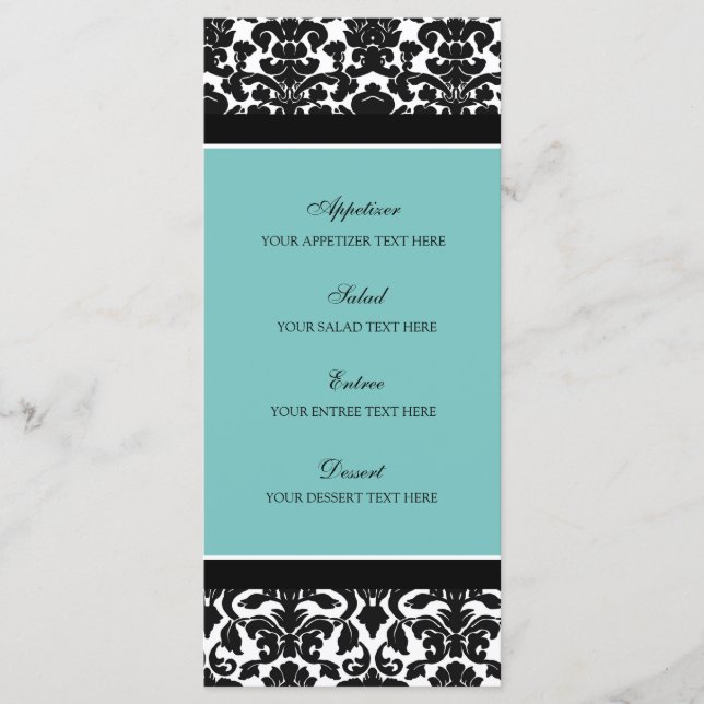 Menu mariage Turquoise Black Damask (Devant)