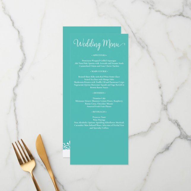 Menu Mariage turquoise blanc élégant (Devant/Arrière en situation)