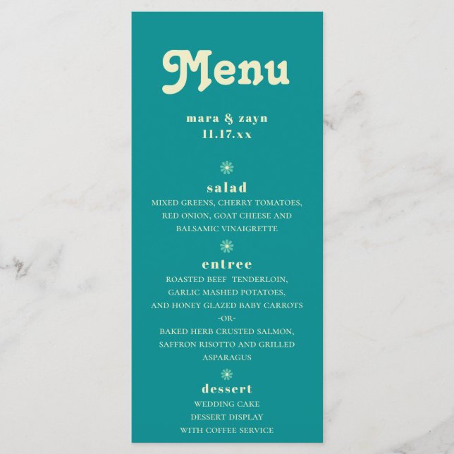 Menu Mariage Turquoise du Boho Chic Retro 70 (Devant)