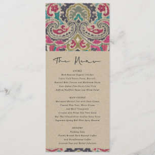 MENU MARIAGE TURQUOISE KRAFT BOHO TRIBAL IKAT PINK