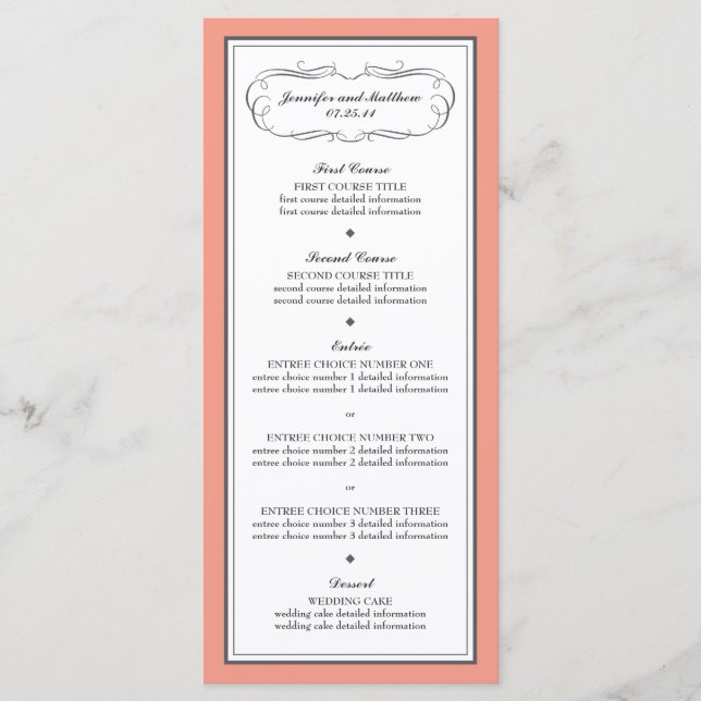 Menu Mariage Tuxedo en corail et gris (Devant)
