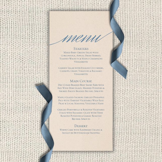 Menu Mariage Typographie Script Bleu Poussiéreux (Dusty Blue Script Typography Wedding Menu
)