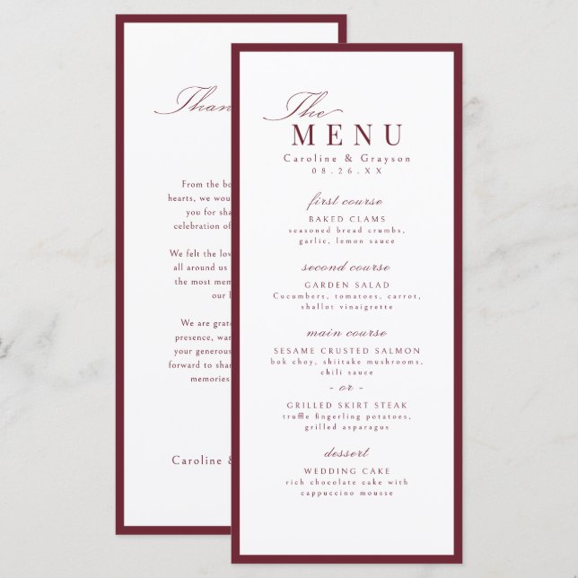 Menu Mariage Typographie Script Élégant Bourgogne (Devant / Derrière)