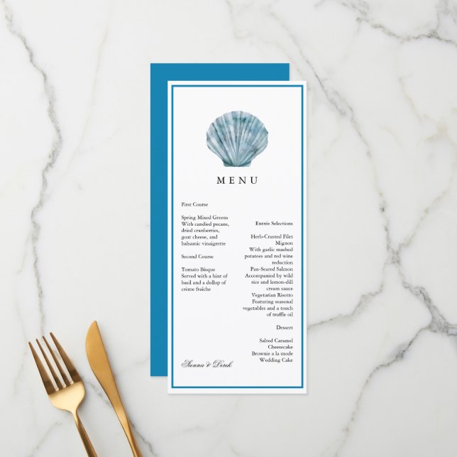 Menu Mariage Unique Coquillage Bleu Sarcelle Vintage (Devant/Arrière en situation)