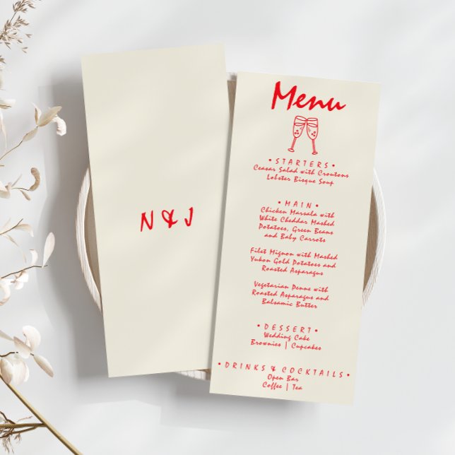 Menu Mariage Unique Dessiné à la Main Rouge Rétro Excen (Créateur téléchargé)