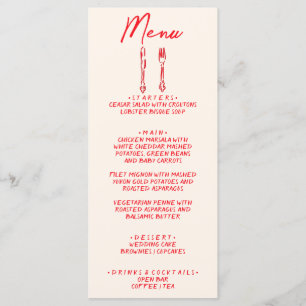Menu Mariage Unique Rétro Rouge Écrit à la Main