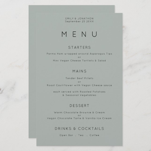 Menu Mariage vert à soie simple budget (Devant / Derrière)