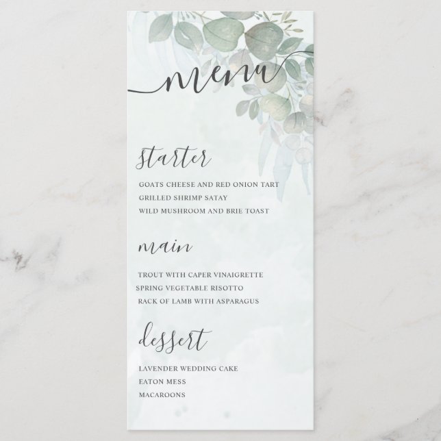Menu Mariage vert de feuillage Eucalyptus rustique (Devant)