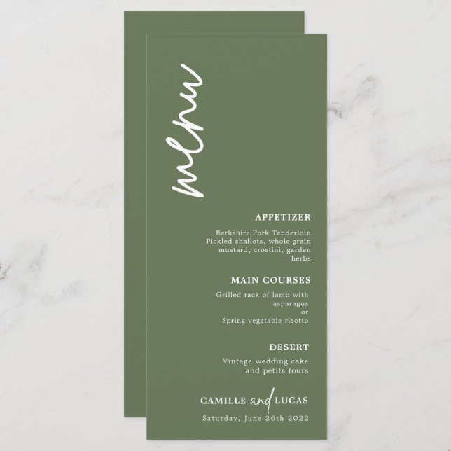 Menu Mariage vert de forêt minimaliste (Devant / Derrière)