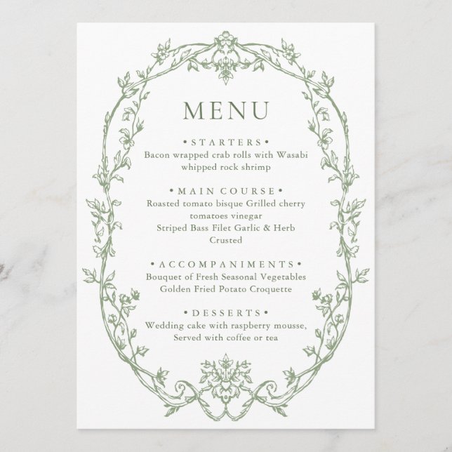 Menu Mariage vert de l'âge orné victorien Grace Floral (Devant)