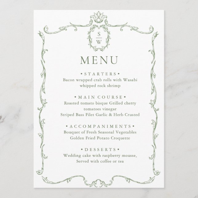 Menu Mariage vert de l'âge orné victorien Grace Floral (Devant)