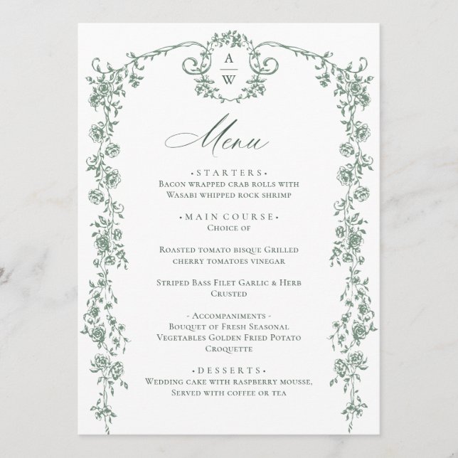 Menu Mariage vert de l'âge orné victorien Grace Floral (Devant)