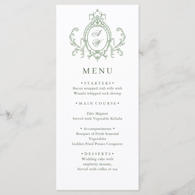 Menu Mariage vert de l'âge orné victorien Grace Floral (Devant)