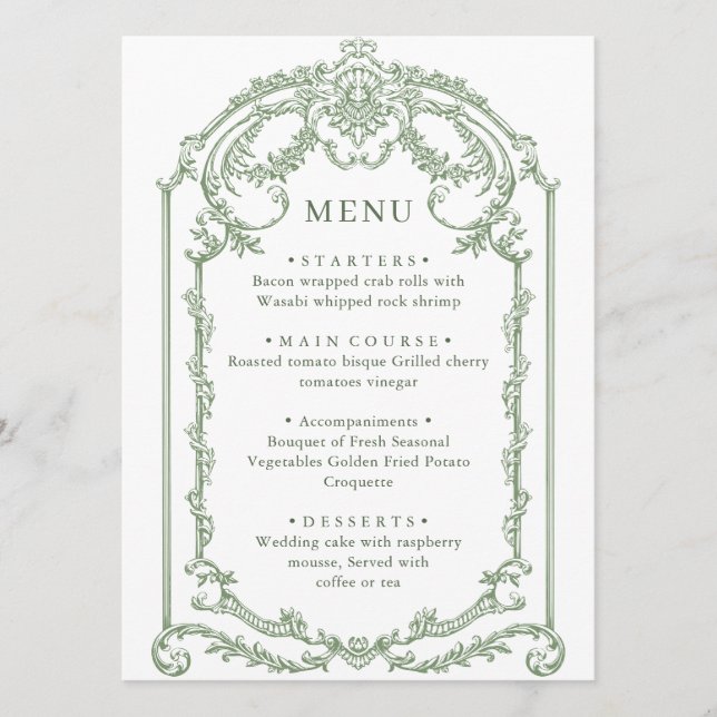 Menu Mariage vert de l'âge orné victorien Grace Floral (Devant)