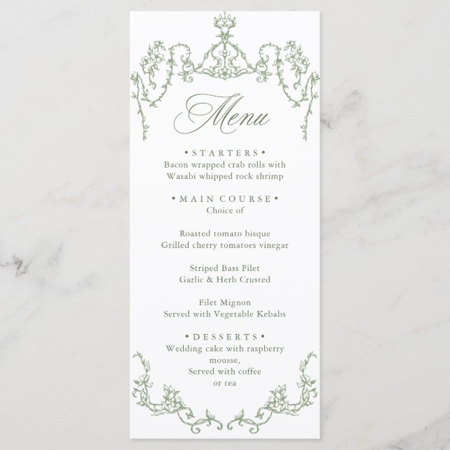 Menu Mariage vert de l'âge orné victorien Grace Floral (Devant)
