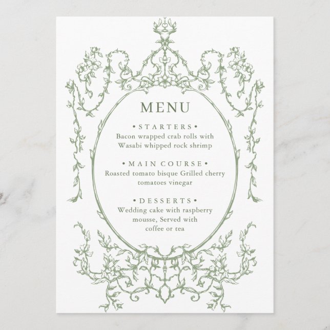 Menu Mariage vert de l'âge orné victorien Grace Floral (Devant)