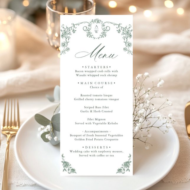 Menu Mariage vert de l'âge orné victorien Grace Floral (Créateur téléchargé)