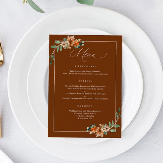 Menu Mariage Vert Émeraude et Rouille Orange Brûlé (Emerald and Rust Burnt Orange Wedding Menu for fall or winter weddings 5x7)