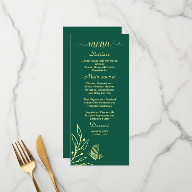 Menu Mariage vert émeraude fleur d'or romantique (Devant/Arrière en situation)
