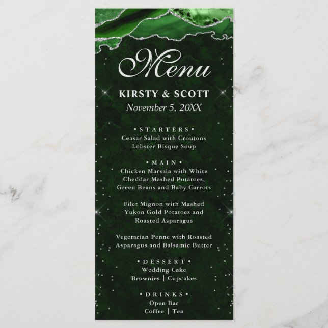 Menu Mariage Vert et Argent Faux Paillettes d'Agate (Devant)