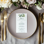 Menu mariage vert et blanc de branche Eucalyptus<br><div class="desc">Une carte raffinée de menu mariage avec une délicate branche d'eucalyptus à l'aquarelle en haut, associée à un élégant script vert et des polices serif. La disposition épurée et minimaliste de l'arrière - plan blanc permet de se démarquer des détails du menu et de l'événement, tandis que l'accent botanique apporte...</div>