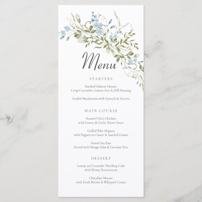 Menu Mariage vert Fleur sauvage bleu printemps (Devant)