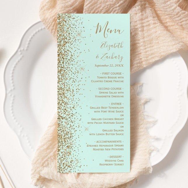Menu Mariage Vert Menthe Paillettes Or Moderne (Créateur téléchargé)