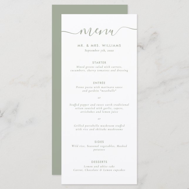 Menu Mariage vert moderne Sage Script (Devant / Derrière)