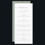 Menu Mariage vert moderne Sage Script<br><div class="desc">Elégant menu mariage vert sauge personnalisé avec une police de script moderne. Personnalisez facilement en ligne. Articles assortis disponibles pour compléter ce menu minimaliste mariage vert sauge.</div>