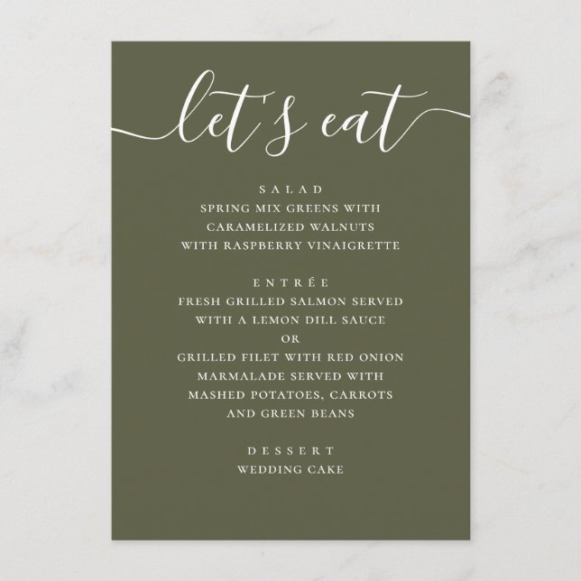 Menu Mariage Vert Olive Assourdi. Réception Moderne de  (Devant)