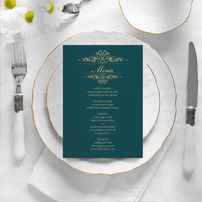 Menu mariage vert pétrole élégant cadre doré (Créateur téléchargé)