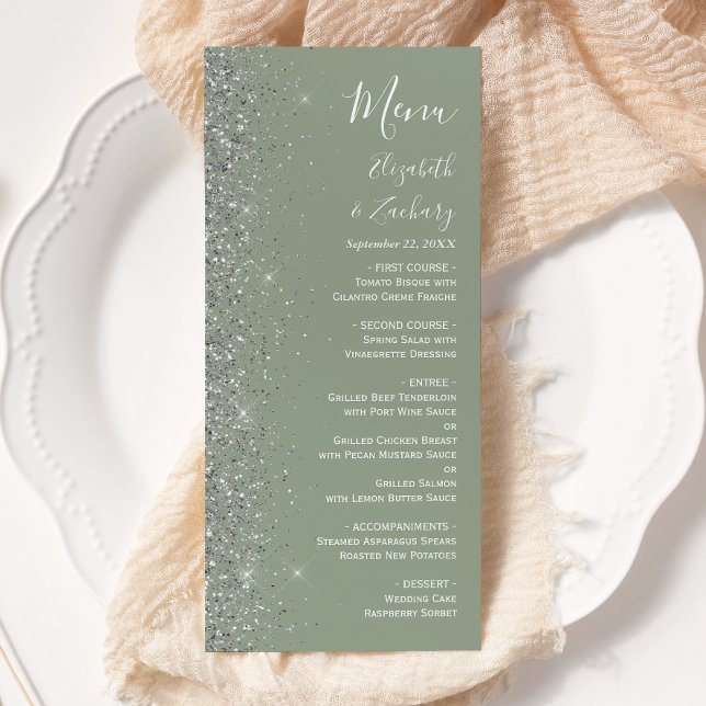 Menu Mariage Vert Sauge Moderne Bordure Pailletée Argen (Créateur téléchargé)