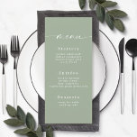 Menu Mariage vert simple couleur solide clair feui<br><div class="desc">Menu simple Mariage couleur solide clair feuille verte. Cette carte de menu moderne chic est simple classique et élégant avec un arrière - plan de couleur unie et une jolie police de calligraphie de script signature avec queues. Montré dans la nouvelle Colorway. Avec un joli monogramme à l'arrière. Disponible en...</div>