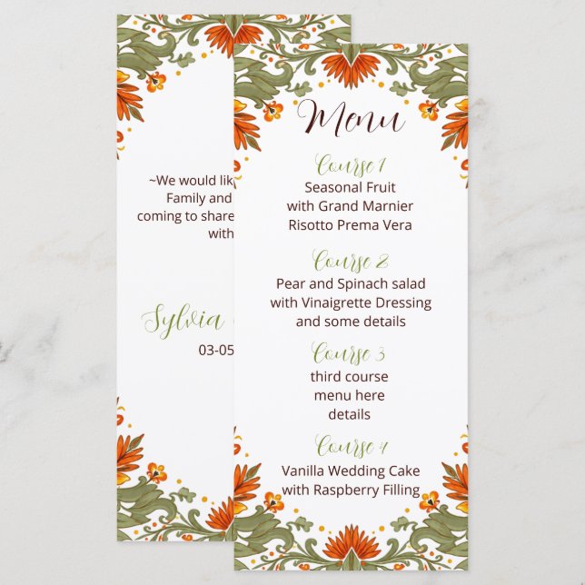 Menu Mariage vert Talavera Fiesta mexicaine  (Devant / Derrière)