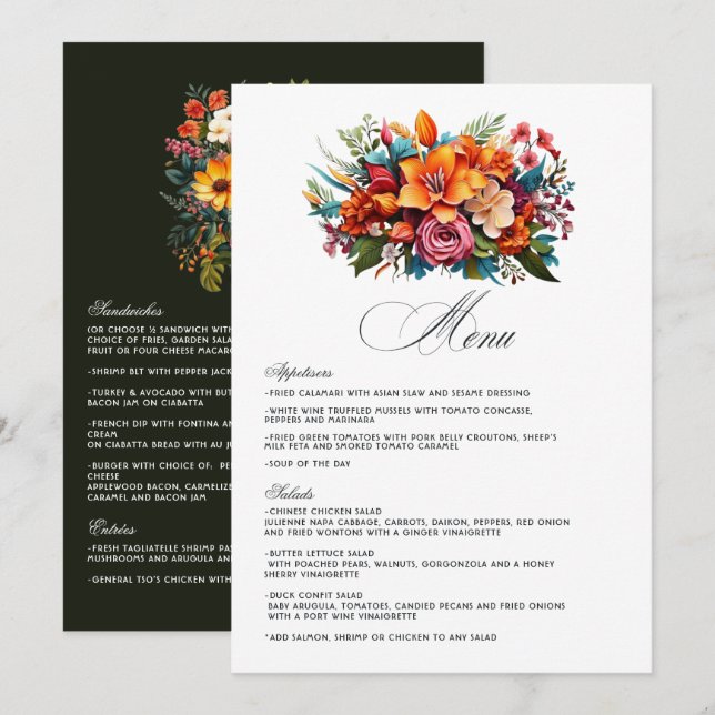 Menu Mariage Vibrant Floral Fiesta Aquarelle (Devant / Derrière)