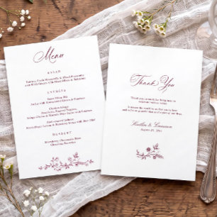 Menu Mariage Victorien Fleuris Rouge Vin Rouge Foncé Vi