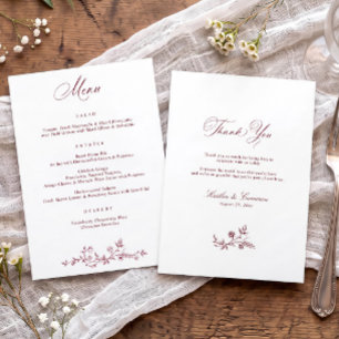 Menu Mariage victorien floral bordeaux rouge vintage