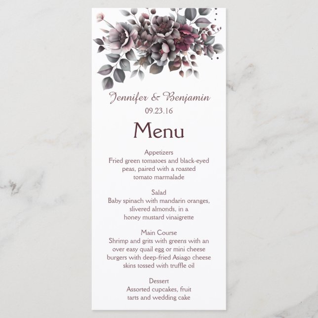 Menu Mariage Vin, Violet Poussiéreux, Sarcelle Foncé | (Devant)
