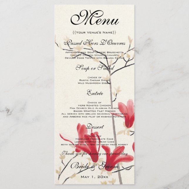 Menu Mariage Vintage, Arbre de Magnolia Rose Japonais (Devant)