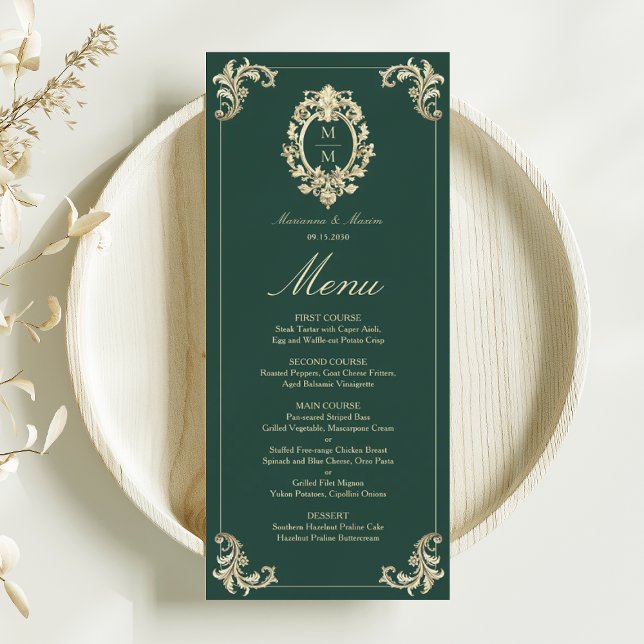 Menu Mariage Vintage Baroque Vert Émeraude (Créateur téléchargé)
