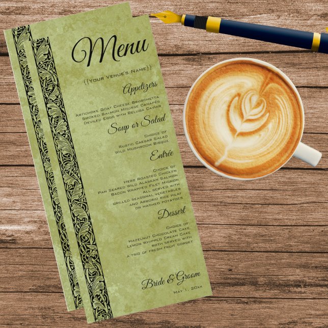 Menu Mariage Vintage, Couronne de Fleurs Victorienne (Victorian Style Floral Scroll Decorative Border with a green background Wedding Reception Menu)