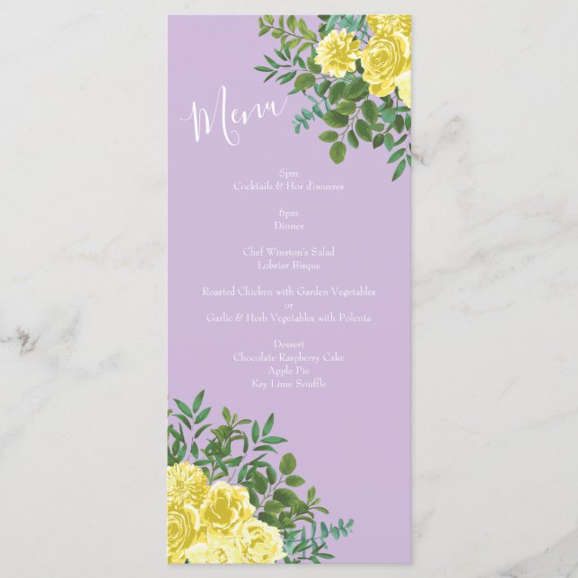 Menu Mariage Vintage Élégant Printemps Jaune & Violet (Devant)