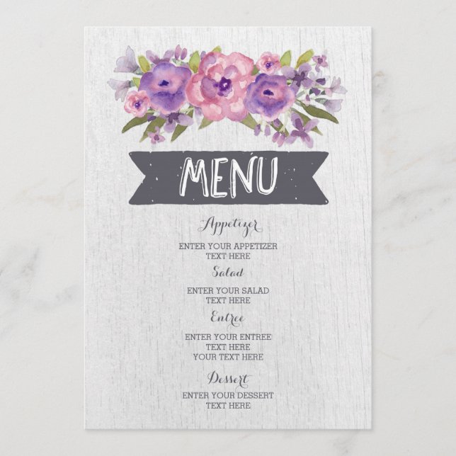 Menu Mariage vintage Fleurs d'aquarelle violette (Devant)