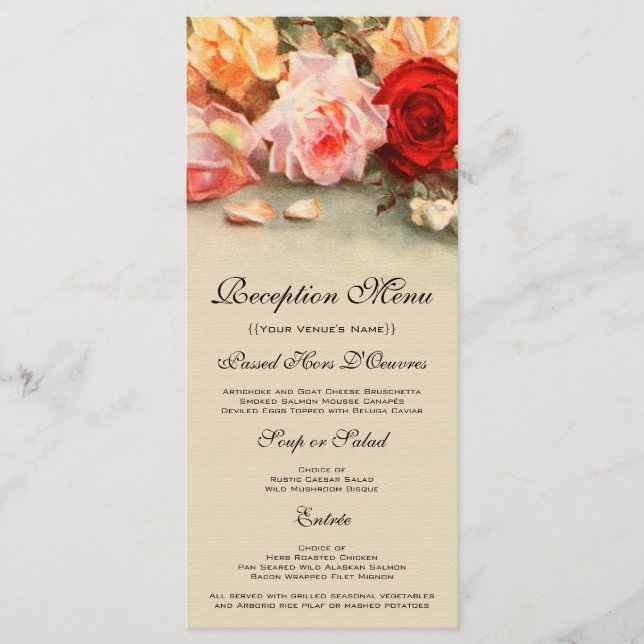 Menu Mariage vintage, Fleurs Roses anciennes encore vie (Devant)