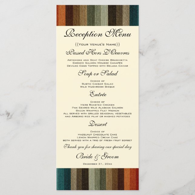 Menu Mariage Vintage, Motif Rayures Chaudes d'Automne (Devant)