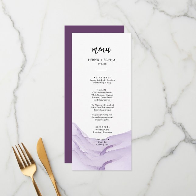 Menu Mariage violet Aquarelle moderne (Devant/Arrière en situation)