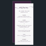 Menu Mariage violet moderne<br><div class="desc">Élégant menu personnalisé de mariage violet avec une police de script moderne. Personnalisez facilement en ligne. Articles assortis disponibles pour compléter ce menu minimaliste mariage violet.</div>