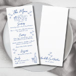 Menu Mariage Whimsical bleu dessiné à la main<br><div class="desc">Menu du Mariage blanc et bleu inspiré d'Europe. Cette carte mariage enchanteresse présente un design charmant inspiré de l'esthétique italienne, française et européenne. L'illustration d'un lieu dessiné à la main est accrochée au sommet, tandis qu'une bouteille de champagne et un verre au fond sont rehaussés de coeurs épars pour une...</div>